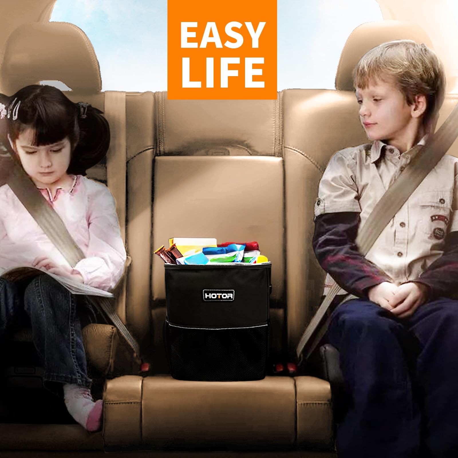 HOTOR Car Trash Can with Lid and Storage Pockets - 100% Leak-Proof Organizer,...