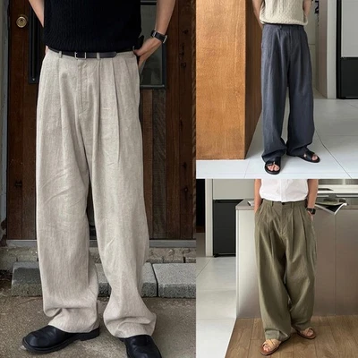 Leinen Polyester Mischung Herren Hose Japanischer Stil Gerades Weites Bein Hose - Bild 1 von 4
