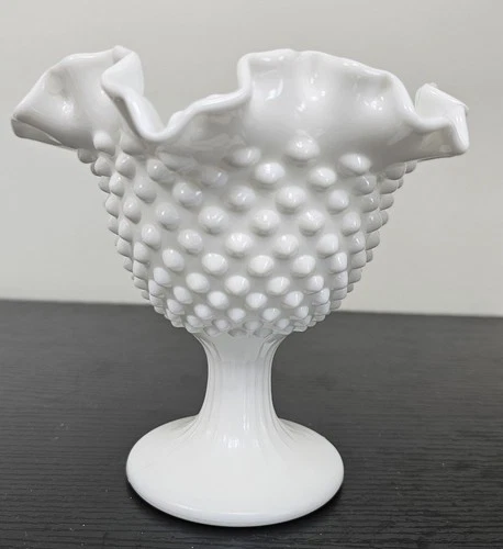 Vintage Fenton White Milk Glass Hobnail Ruffled Rim Pedestal Bowl 6" x 6"