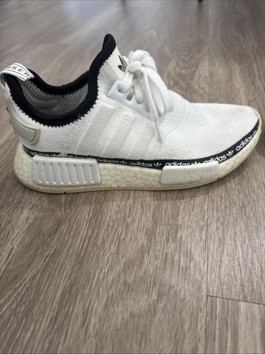 Adidas NMD R1 Shoes Womens Size 5.5 White Black Boost Tape Logo FV7306 Trefoil