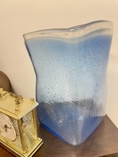 Hand Blown Aqua Blue Art Glass Bubble Square Vase, 12" tall