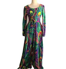 LELAND OF CALIFORNIA Vtg 60s 70s Mod Psychedelic Peacock Wide Leg Jumpsuit XS S
