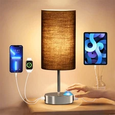 KPQ Bedside Lamp Touch Control Table Lamp with USB A+C Charging Ports & AC Ou...