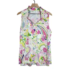 Crown & Ivy Womens Blouse XL Pink Floral Sleeveless Ruffle Brunch Coastal