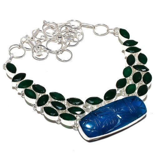 Ónix azul, piedras preciosas de jade verde hecho a mano 925 collar de joyería...