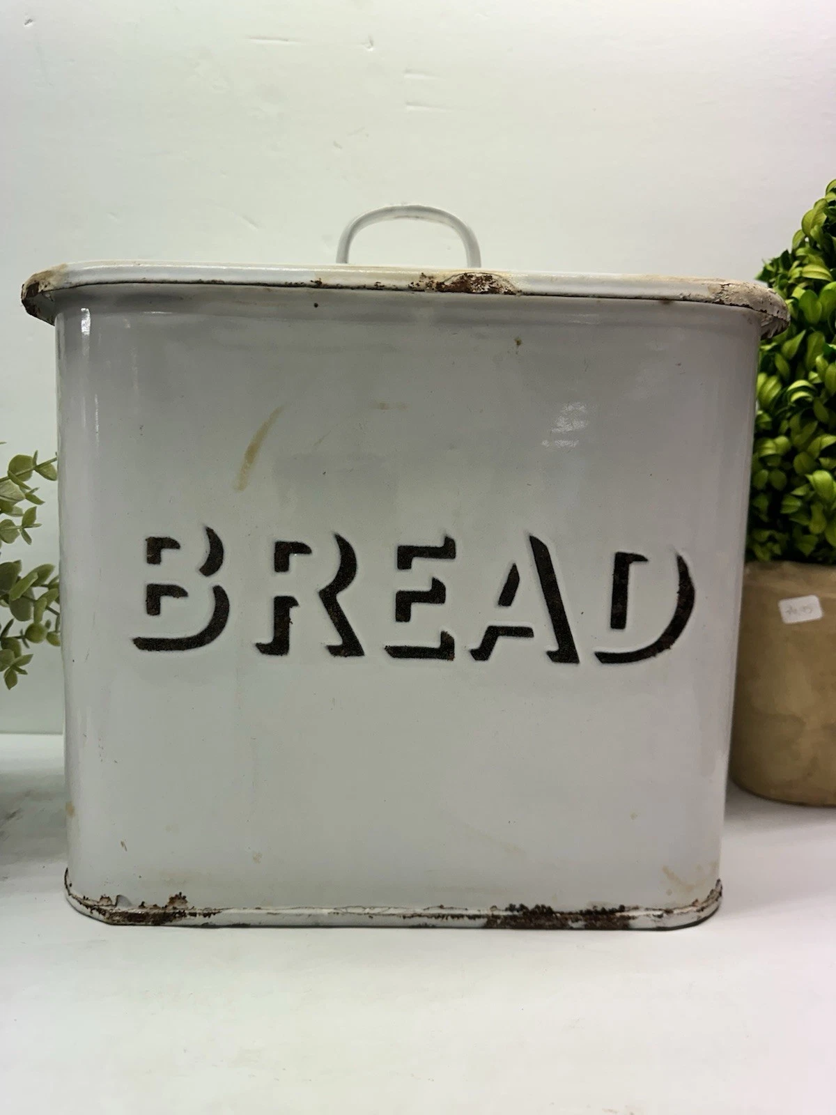 Vintage Antique White Enamel Graniteware Metal Bread Box Bin with Lid Farmhouse