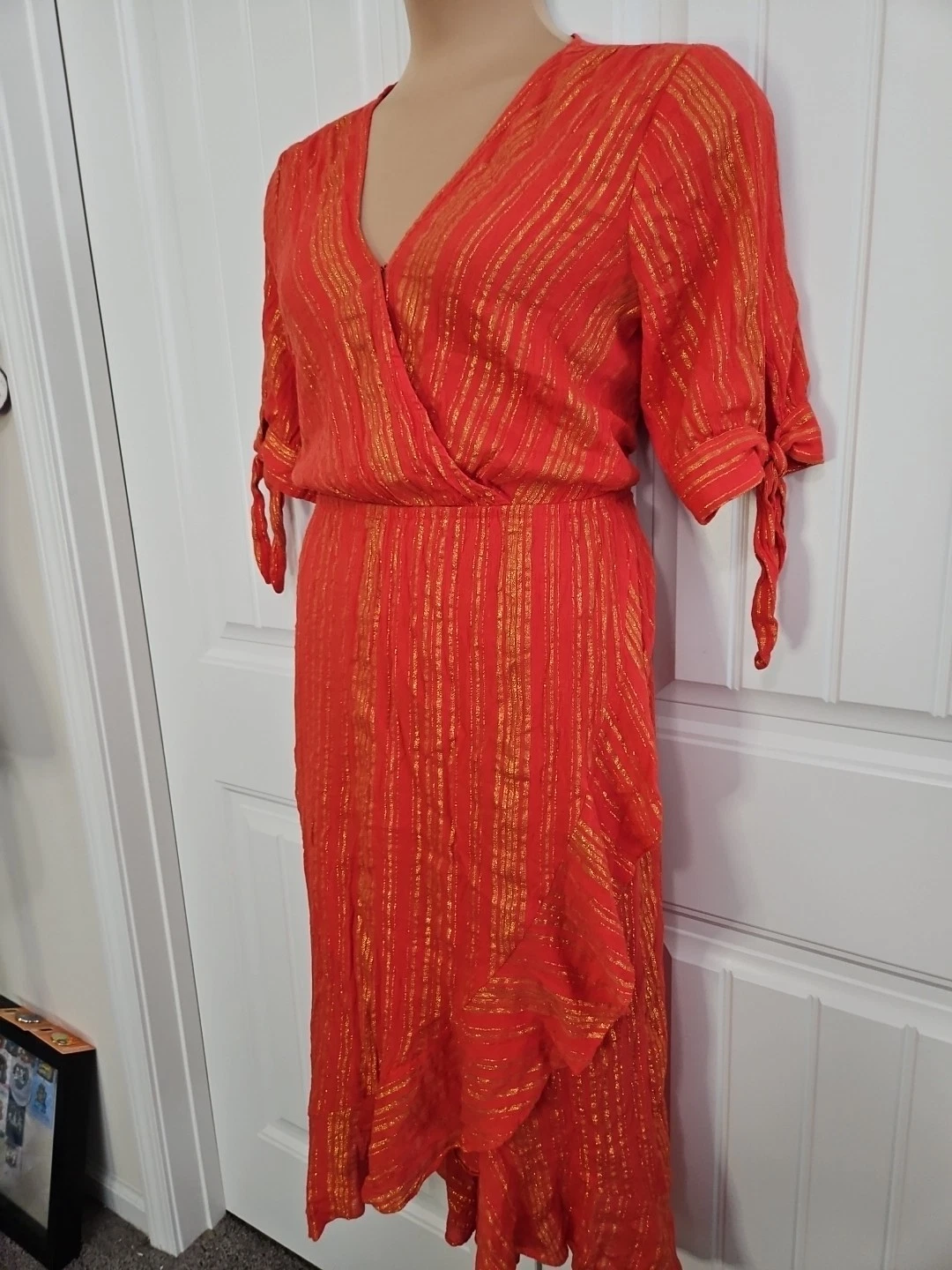 Abito donna Michael Kors arancione oro righe metallizzate scollo a V finto avvolgente taglia XL