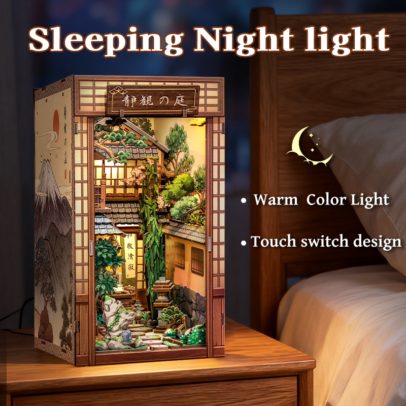 DIY Book Nook Kit LED Wooden 3D Puzzle Japanese Garden Bookshelf