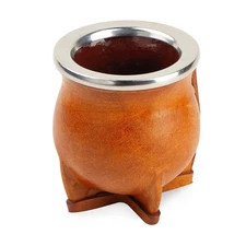 Yerba Mate Cup Ceramic Gourd Brown Leather Wrap Uruguay Handmade Camionero Style