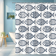 Navy Fish Pattern Shower Curtain for Bathroom Decor