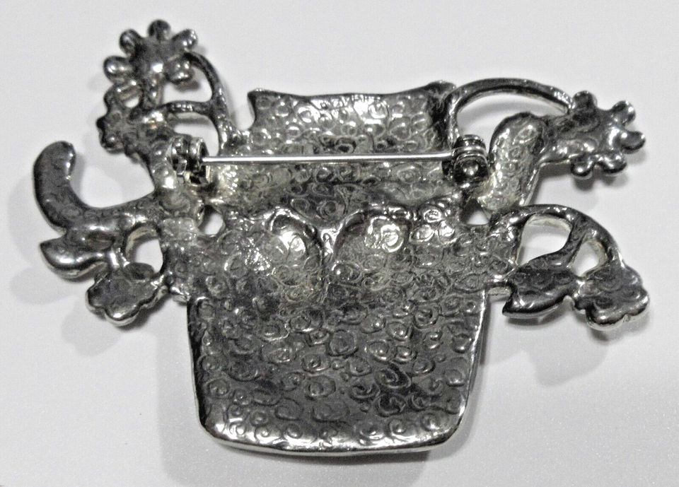 VTG UNUSUAL big silver tone metal CAT Feline in a plant flower pot