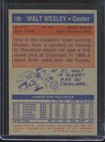 1972 Topps Basketball # 109 Walt Wesley (NM-MT) Near Mint to Mint - Picture 2 of 2