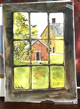 Marguerite Bride MASSACHUSETTS WATERCOLOR Window View No Mat 9x12"