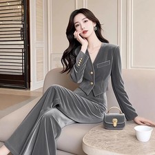 Spring Women's Fashion Velvet Slim Two Button Top Coat Long OL Formal Pants 2pcs