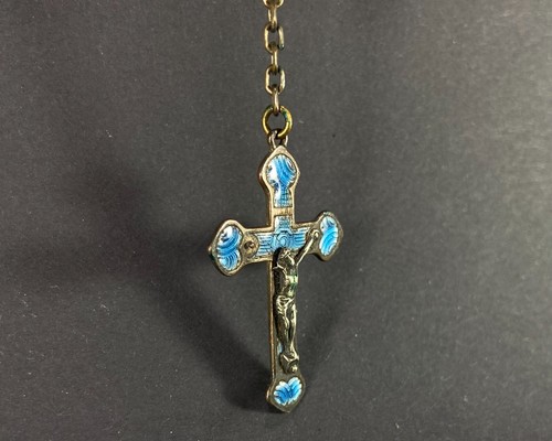 Rare French Glass Lourdes Rosary Mother of pearl beads Cross with blue inserts - Picture 3 of 10