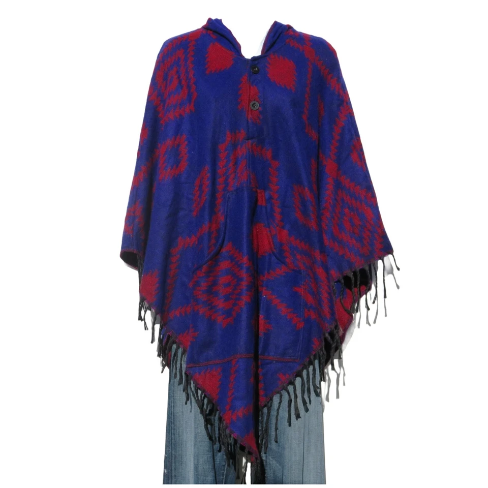 Poncho|2 Botones|Fringos|Capucha+Bolsillo|Boho|Tribal |Mezcla de Lana Yak|Talla 1|Azul Foto 3 de 4