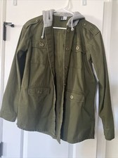 Divided By H M Womens Utility Hooded Jacket Green Buttons Flap Pockets size 6