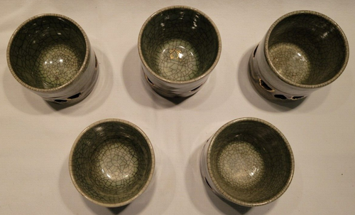 5 Vintage Somayaki Soma Ware Green Double Walled Teacups Hand Painted - Picture 2 of 7