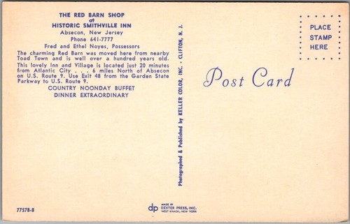 Postal de colección ABSECON, Nueva Jersey TIENDA DE GRANERO ROJO de HISTÓRICA SMITHVILLE POSADA - Imagen 2 de 2