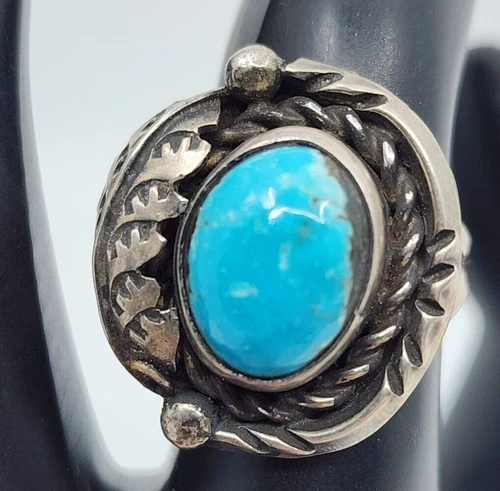 Vintage OLD PAWN Native American Sterling Silver Turquoise Ring Size 7