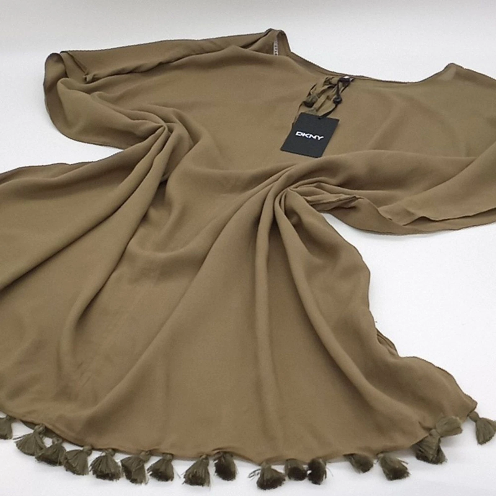 DKNY‎ Swim Cover-Up Womens L/XL Chiffon Pom-Pom Caftan Cover-Up Olive Green