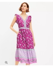 Loft Petite 8 Floral Pink Ruffle Midi Pocket Dress Cottagecore Hippie Boho