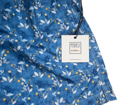 Fedeli $235 NWT Blue Yellow Bird Print Slim Madeira Sustainable Swim Trunk M - Picture 3 of 5