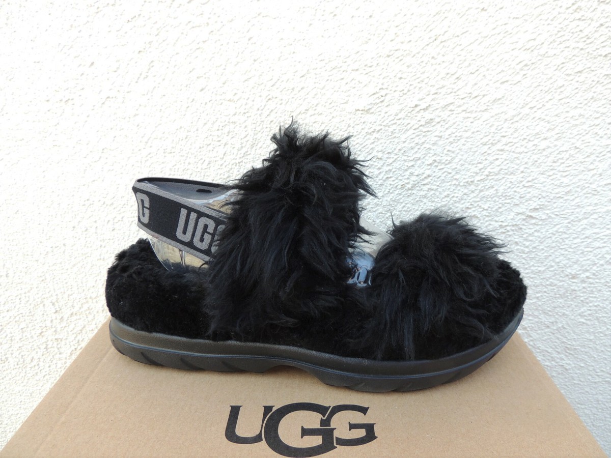 UGG BLACK FLUFF SUGAR FAUX FUR SLIPPER SLIDE SANDALS, WOMEN US