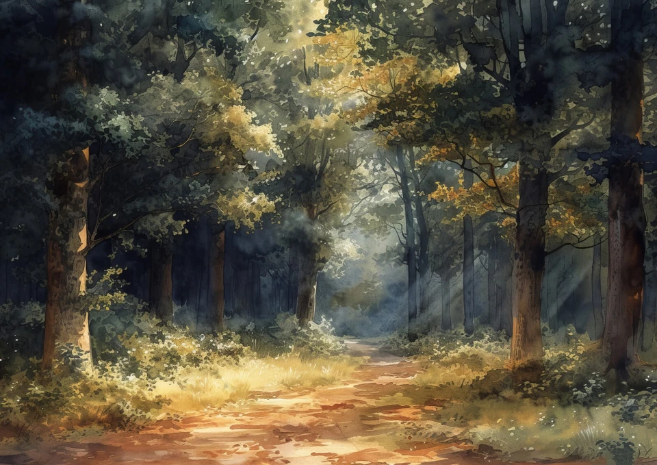 Impresión de acuarela camino bosque encantado 5"x7" sobre papel mate Foto 2 de 4