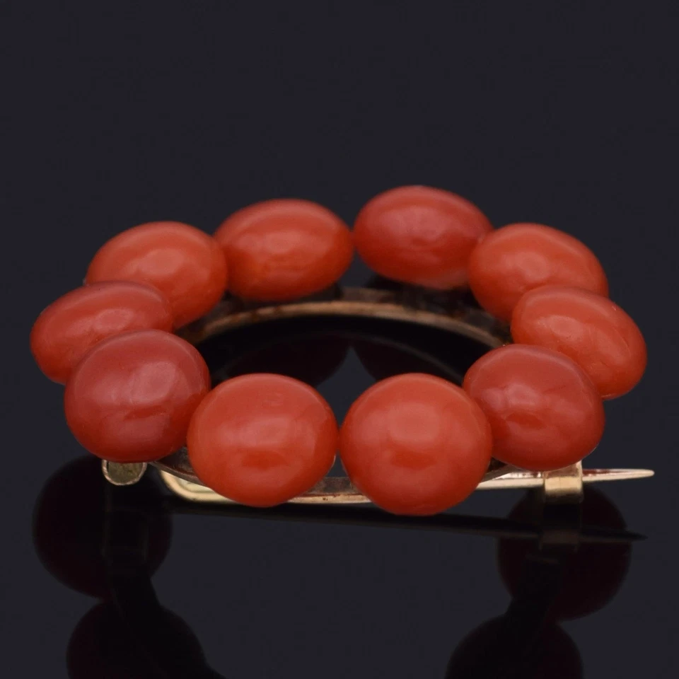 Broche vintage ouro amarelo 14K vermelho coral círculo aberto - Imagem 2 de 4