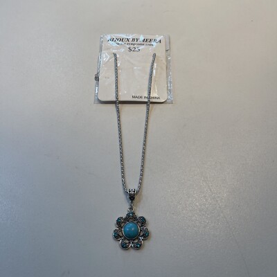 Bijoux By Meera Necklace Genuine Turquoise Stone Charm & Silver Flower 18'' NEW