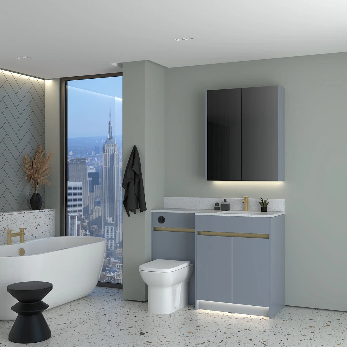 BATHROOM FITTED FURNITURE BLUE MATT 1300MM E3 WITH MIRROR WALL UNIT BATHCABZ