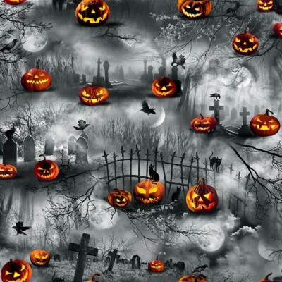 Fat Quarter Timeless Treasures Wicked Cemetery Jack-O-Lantern Halloween Stoff