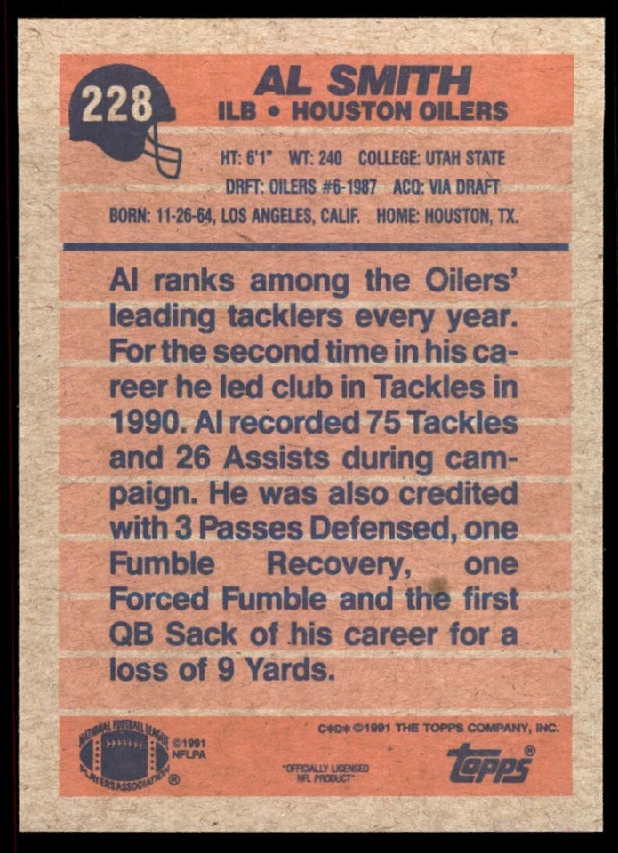 1991 Topps Al Smith Houston Oilers #228 - Image 2 of 2