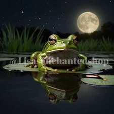 Digital Image Desktop Wallpaper AI Art - Frog on Lily Pad Under the Full Moon