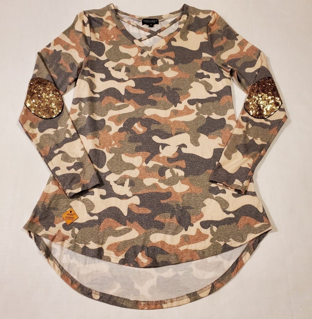 Simply Southern Women's Small Camouflage Sequin Long Sleeve Shirt Tunic
