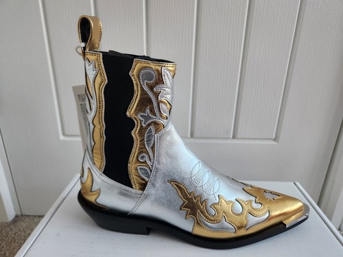 Paco Rabanne x H&M RARE Gold Silver Cowboy Boots UK5 EU38 Full Leather Brand New - Picture 6 of 15