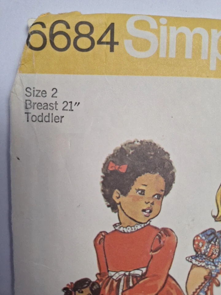 Dress Apron Doll Transfer Girls 2 NO SLEEVES Simplicity 6684 Sewing Pattern VTG - Image 3 of 4