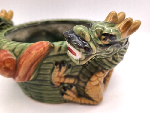 Vintage Majolica Double Foo Dragon Planter Hand Painted Embossed Marked - Picture 4 of 12