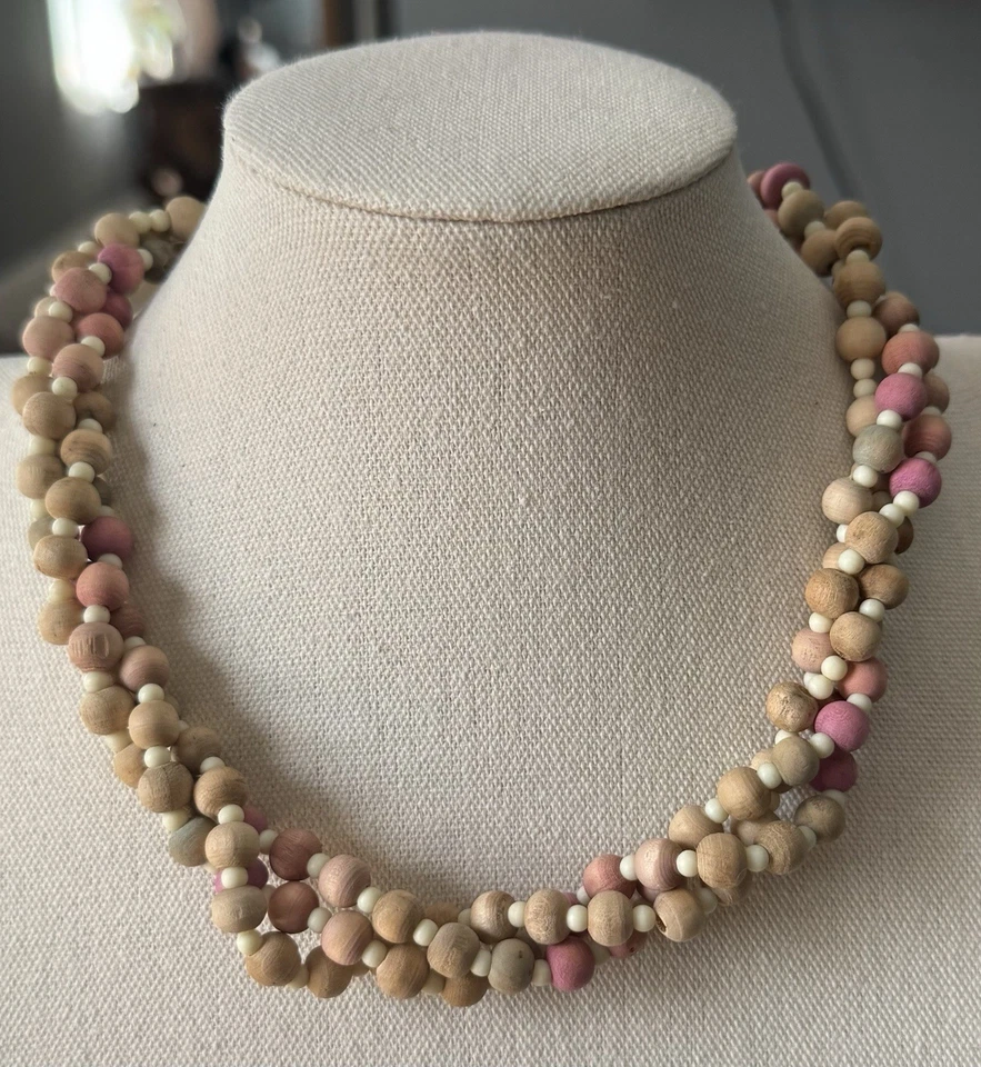 Vintage Boho Pink & Brown Wooden Bead Necklace 16” Twisted Multi Strand - Image 2 of 4