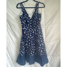 Nine West Fit and Flare Dress Women Size 8 Navy Blue Geometric Retro Mod