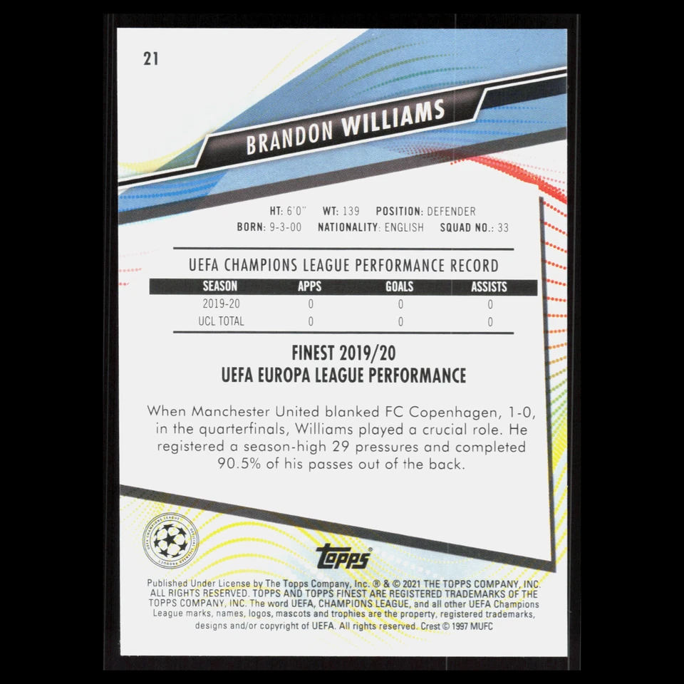 Brandon Williams Rookie #21 2020 Finest UEFA Champions League Manchester United - Image 2 of 3
