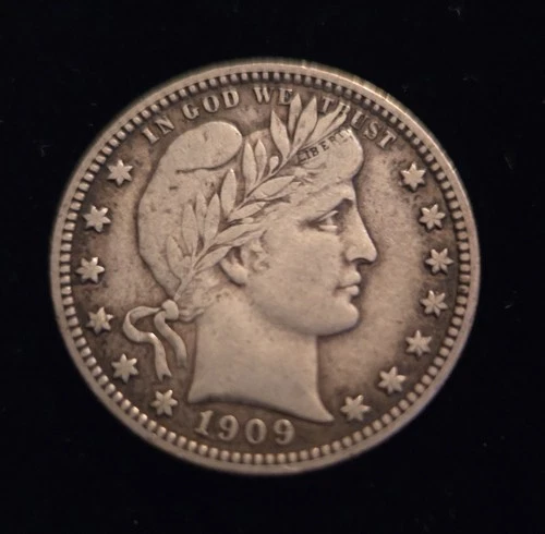 1909 Silver Barber Quarter Dollar D Denver