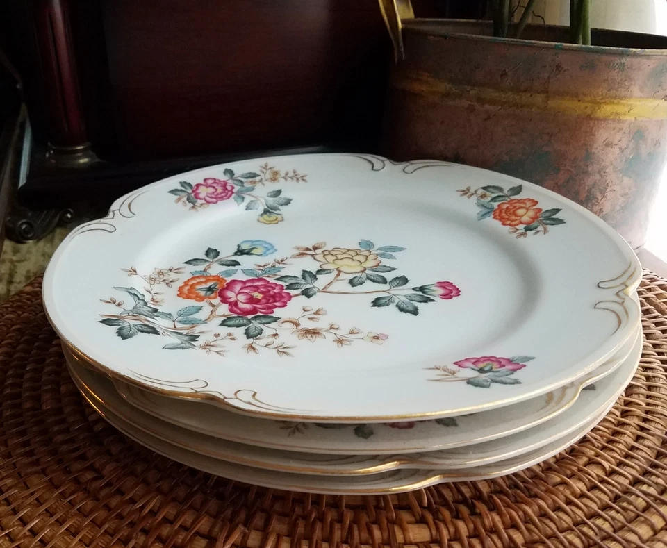 8 Platos de Cena y Pan de Porcelana Vintage Floral Rosa Rosa Verde y Dorado 4 de ea Foto 3 de 4