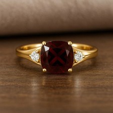 Cushion Cut Garnet  Diamond Ring   14k Solid Gold January Birthstone