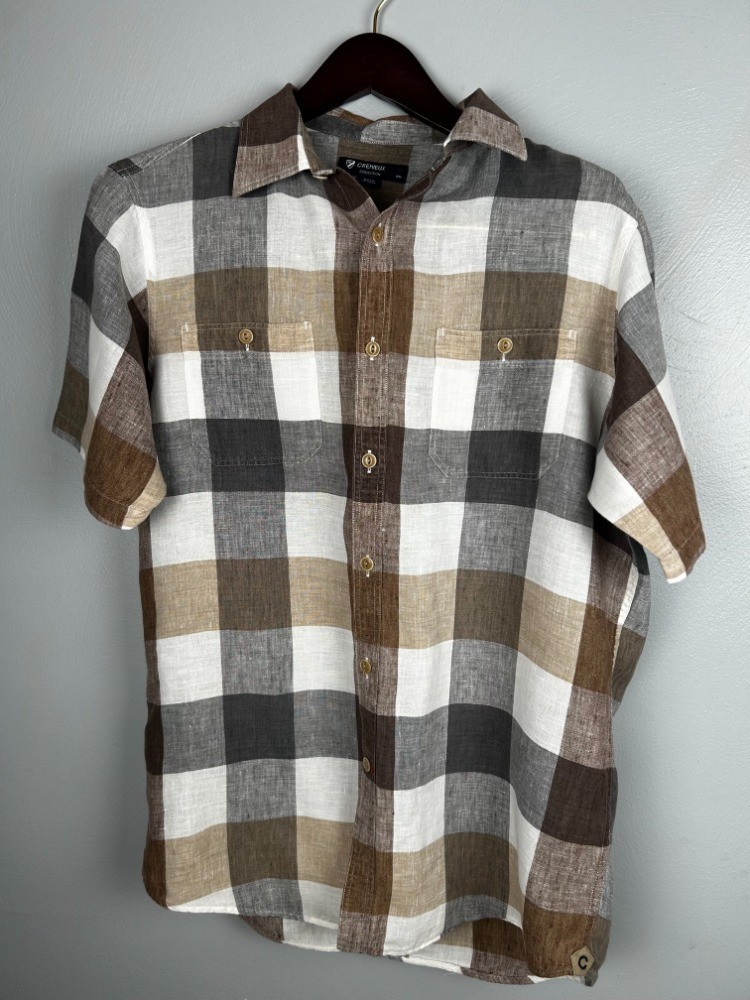 Pril Items Cremieux Men's Plaid Short Sleeve Button Down Linen Shirt Brown Gray ...