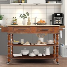 56 inch Rolling Kitchen Island with Storage Kitchen Cart with Solid Oak Wood Top