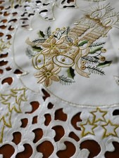 HOLIDAY TABLE TOPPER 32x32 CUT-WORK DESIGN-Ivory w GOLD ACCENTS BELLS-TREES