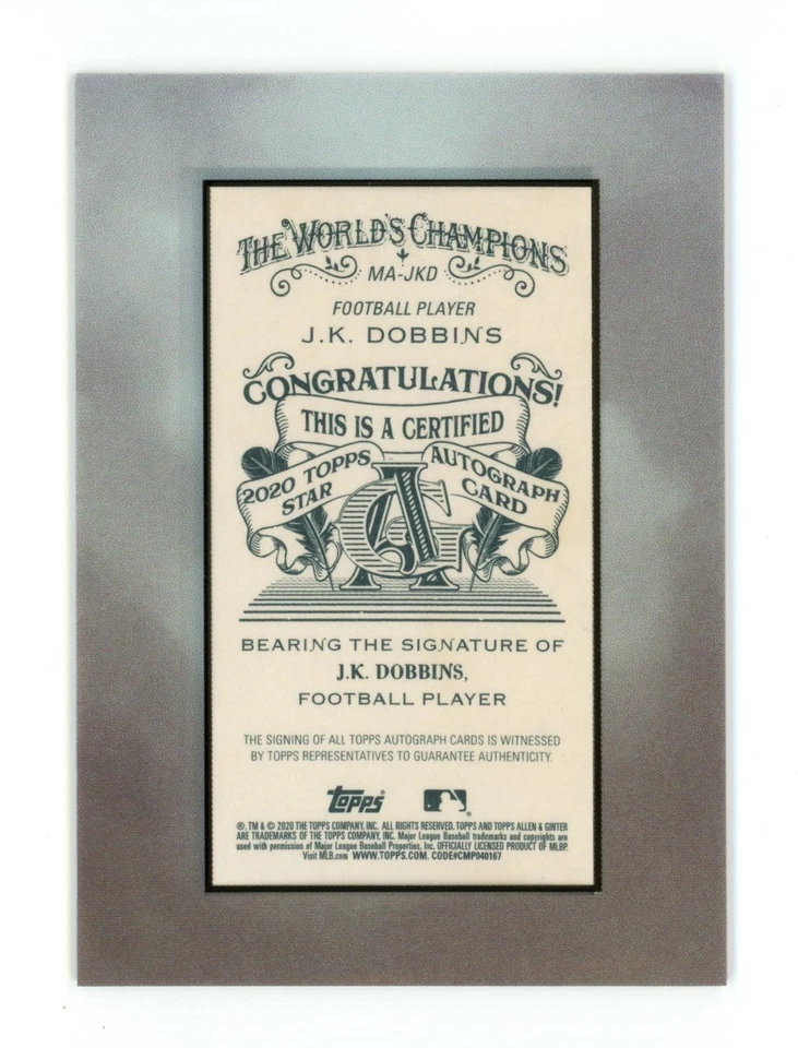 2020 Topps Allen & Ginter Framed Mini J.K. DOBBINS RC/Rookie on Card Auto #1/20 - Image 4 of 4