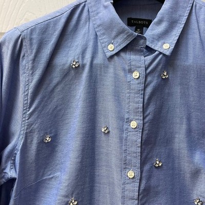 Talbots Shirt Women's Sz 10 Blue Modern Rhinestone Embellished Oxford Button Up